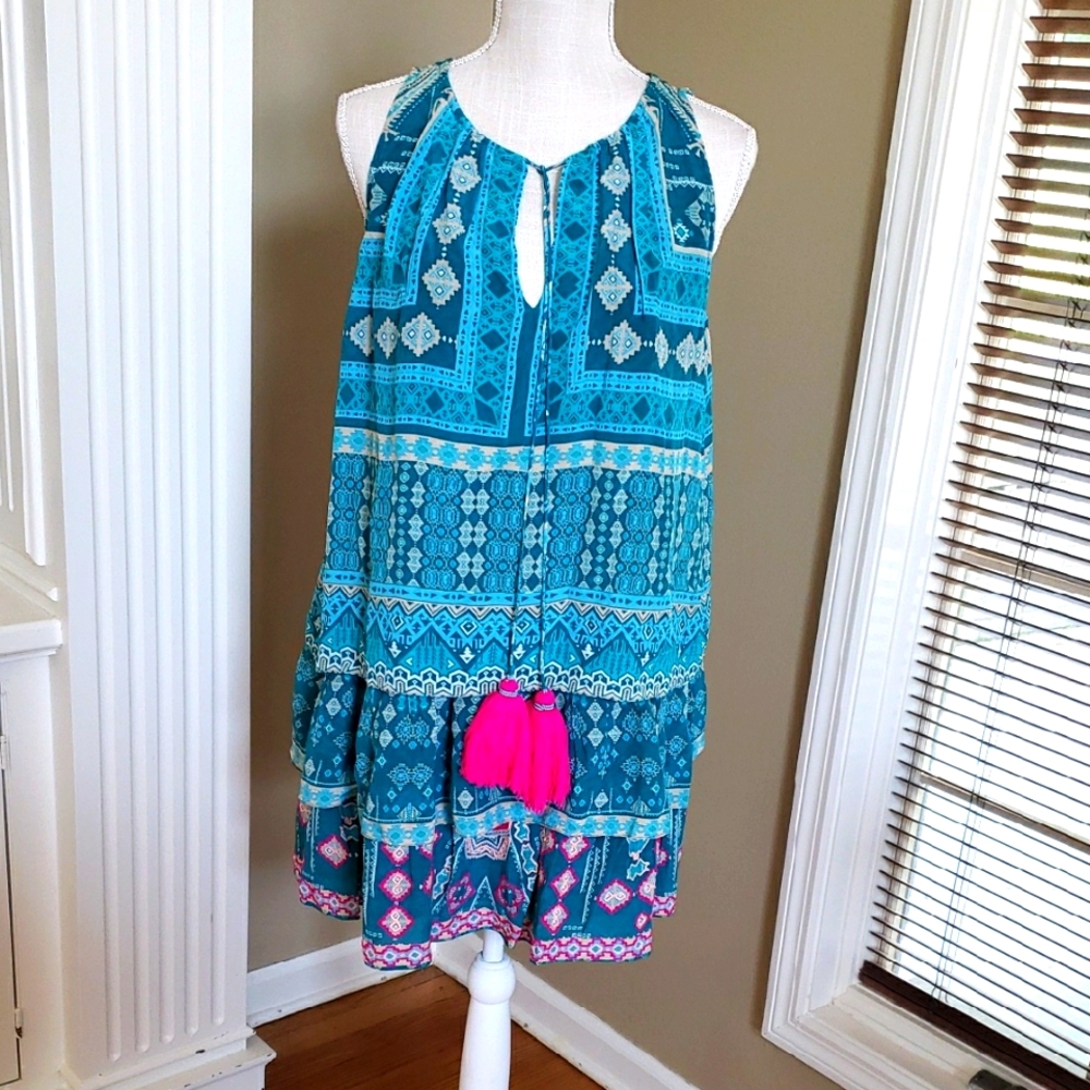 HEMANT & NANDITA Teal, Fuschia and Beige Dress EUC Size S